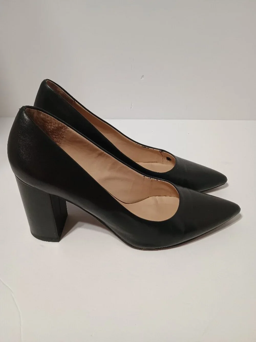 Franco Sarto Black Leather Pointed Toe Block Heel Pumps Women's US 9.5M Classic